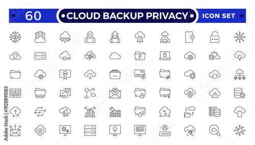 Cloud Backup Privacy outline icon set secure file transfer, FTP, wireless data, shield security, containing cybersecurity, data security, privacy protection, encryption, cloud security, firewall.