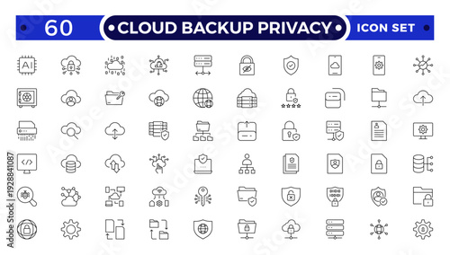 Cloud Backup Privacy outline icon set secure file transfer, FTP, wireless data, shield security, containing cybersecurity, data security, privacy protection, encryption, cloud security, firewall.