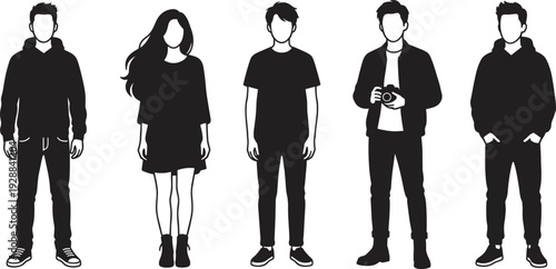 Casual fashion silhouette vector illustration set, modern clothing poses with hoodie, dress, t‑shirt, jacket, lifestyle motifs