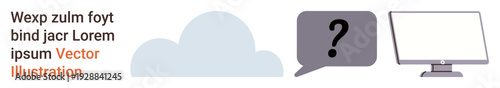 Digital communication, cloud technology, data exchange, online storage, modern computing, and IT solutions. A cloud icon, speech bubble with a question mark and a computer monitor. Digital