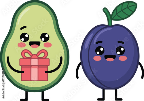Cute Avocado and Plum Cartoon Character Set Funny Fruit Mascots with Gift Box Line Art