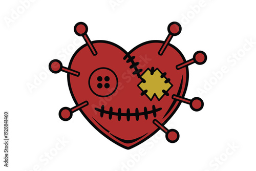 A brown voodoo doll heart with pins and stitches on a beige background