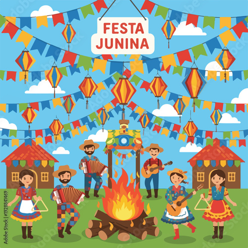 A festive scene with musicians, bonfire, lanterns, and a celebration