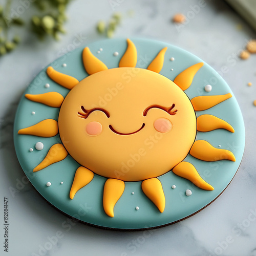 Adorable smiling sun character on a sweet decorated cookie