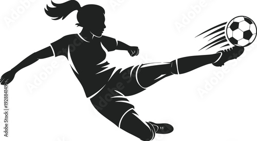Soccer player silhouette vector illustration, dynamic sports action design with powerful kick and athletic decorative motifs