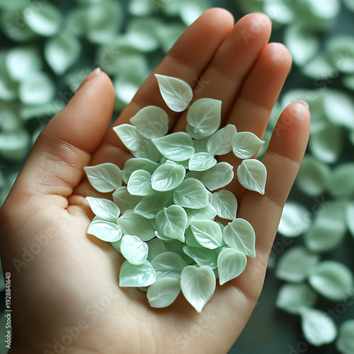 Delicate handmade translucent green leaves in a palm