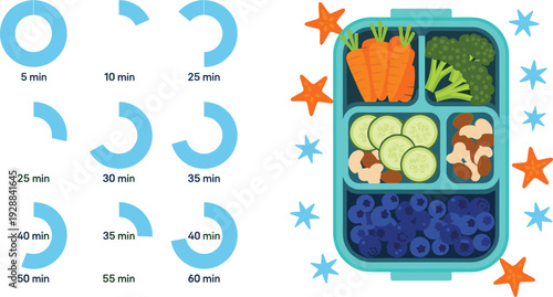 Healthy meal prep vector illustration with lunch box, fresh vegetables, fruits, and circular time progress icons for nutrition planning and fitness tracking