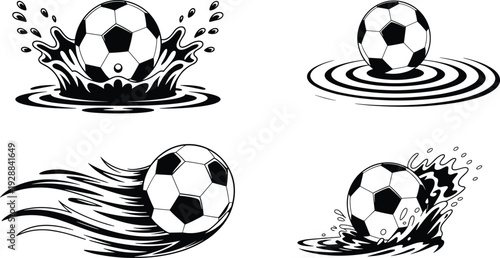 Soccer ball vector illustration set with water splashes, ripples, and motion streaks—ideal for sports artwork, athletic branding, promotional graphics, and energetic design projects.
