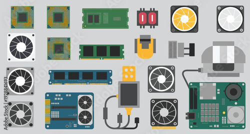 Diverse array of computer hardware elements, including CPUs, RAM modules, cooling fans, and motherboards, presented in a flat vector style for tech-related designs.