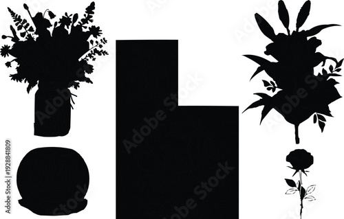  On the left side, there is a silhouette of a floral arrangement in a vase. The vase is positioned atop a round object or stand, which adds a sense of elevation and prominence to the arrangement. 