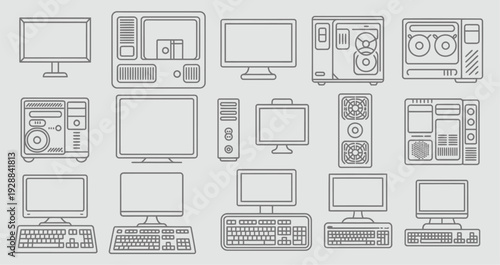 Collection of outline illustrations depicting various computer systems, including monitors, desktop towers, keyboards, and vintage computer models, for tech themes.