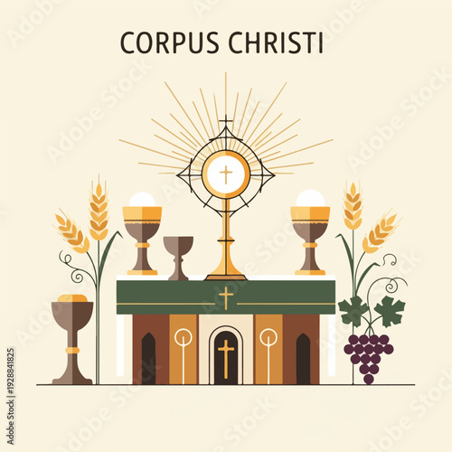 A flat illustration of Corpus Christi symbols host, chalices, and wheat