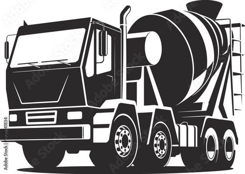 Cement mixer truck silhouette vector illustration, industrial construction vehicle design with rotating drum and bold decorative motifs