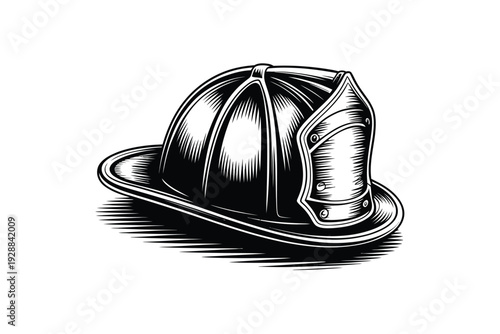 A firefighter helmet icon in black and white vector illustration style