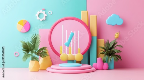 Financial growth chart with 3D style elements and soft lighting on a pastel background