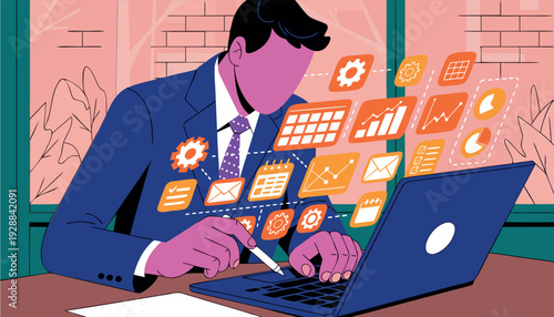 Stylized Illustration of a Businessman Managing Project Tasks, Emails, and Data Analytics on a Laptop