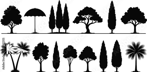 Diverse Tree Silhouette Vector Set Featuring Various Species Like Palm Cypress Oak and Umbrella Isolated on White Background for Nature and Landscape Graphic Design