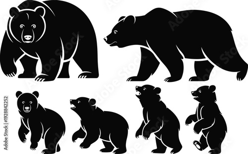 Black Bear Silhouette Vector Set Featuring Adult Grizzly and Cubs in Walking Standing and Roaming Poses for Wilderness Nature and Wildlife Logo Design