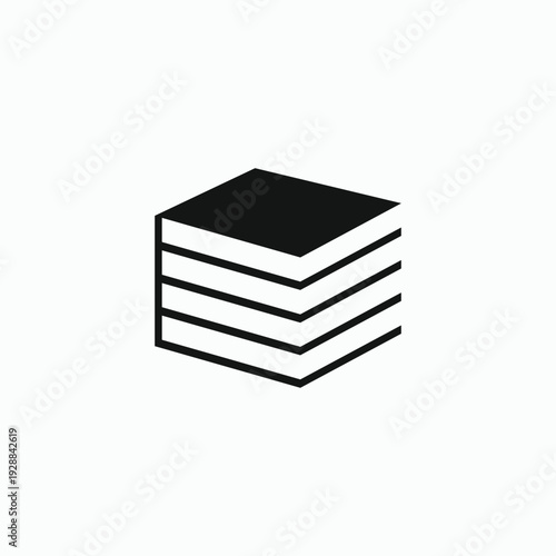 Isometric stacked book icon in solid flat style, ideal for encyclopedia symbols, digital libraries, and academic knowledge branding