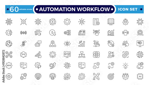 Automation Workflow outline icon set. Contain icons related to digitalization, digital services, internet, cloud computing, technology, robotic AI, and cloud data. Editable stroke outline icon.
