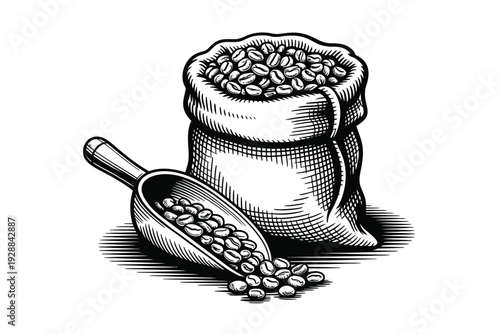 A coffee bean illustration in a burlap sack and scoop