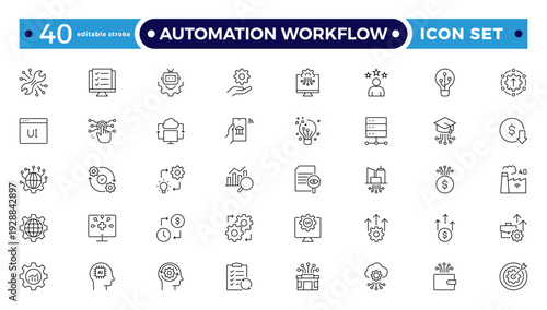 Automation Workflow outline icon set. Contain icons related to digitalization, digital services, internet, cloud computing, technology, robotic AI, and cloud data. Editable stroke outline icon.
