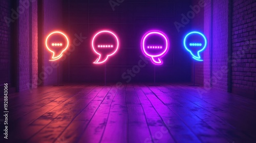 Neon chat bubbles in glowing colors illuminating a modern space with wooden floor