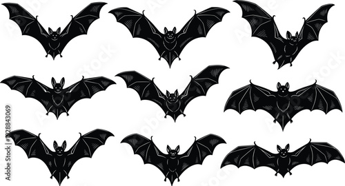 Detailed Black Bat Silhouettes Set Featuring Flying Nocturnal Mammals with Spread Wings and Sharp Details Isolated on White Background for Halloween and Gothic Graphic Design