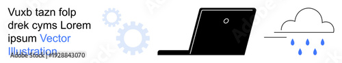 Cloud computing, data storage, network connectivity, technology services, digital workflow, remote access. Laptop with a cloud and gears. Cloud computing and data storage concepts