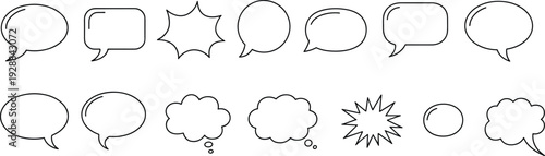 Sixteen different outline speech and thought bubble shapes on a white background Keywords: speech bubble, thought bubble