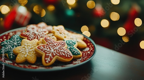 Intricately Decorated Christmas Cookies on a Festive Plate with Soft Bokeh Lights