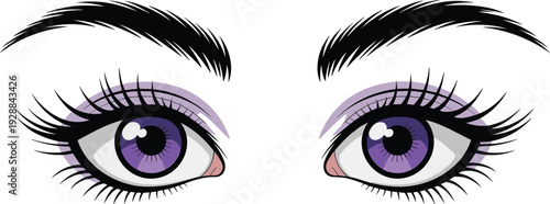 Beautiful female eyes with purple irises and long eyelashes, detailed makeup vector illustration isolated on white background