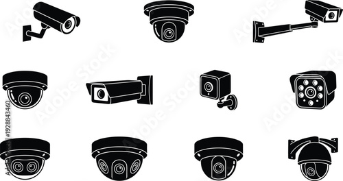 CCTV surveillance camera icon set black silhouette security monitoring system isolated on white background vector collection
