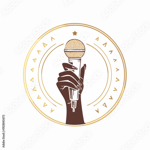 Hand holding microphone in circular logo design.
