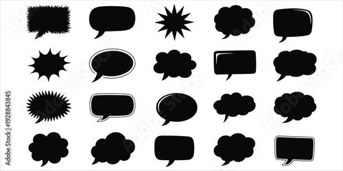 Assortment of black silhouette speech and thought bubbles on a white background Keywords: speech bubble, thought bubble, chat