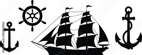 Vintage sailing ship with anchors and helm wheel silhouettes isolated on white background, nautical maritime vector illustration set