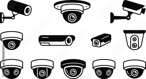 CCTV security camera icon set isolated on white background surveillance system vector collection black silhouette style