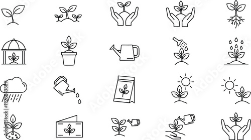 Plant Growth and Gardening Line Icon Set with Sprout, Watering Can, Greenhouse and Sunlight Symbols Vector Collection