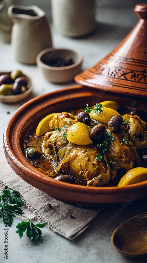 Fototapeta premium Savory Chicken Tagine With Olives and Lemon Slices Garnished With Parsley and Spices