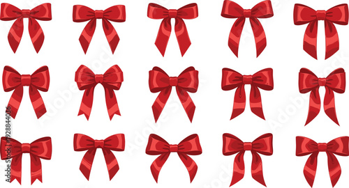 Red Ribbon Bow Set Vector Illustration with Decorative Gift Bows, Festive Holiday Decorations, and Elegant Celebration Design Elements