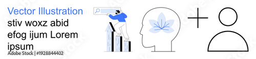 Business development, mental health, personal growth, human connection, analytics, creativity. Person climbing bar chart, head with a leaf and human icon. Business development and mental health