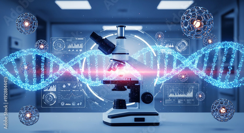 High Tech Medical Laboratory Background with Glowing DNA Helix and Nanobots