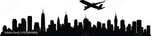 Black city skyline silhouette, with airplane flying above urban skyscrapers at sunset isolated on white background vector illustration modern travel