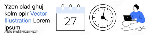 Time management, productivity, scheduling, deadlines, remote work, digital planning. A calendar, clock and person with a laptop. Time management and productivity concepts illustrated clearly