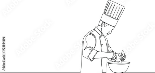 Chef cooking vector illustration with professional cook mixing ingredients in bowl, minimalist line art kitchen scene isolated on white background