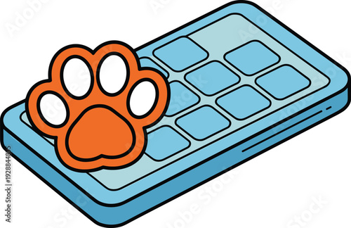 Blue pet food bowl with paw print icon and kibble vector illustration isolated on white background design