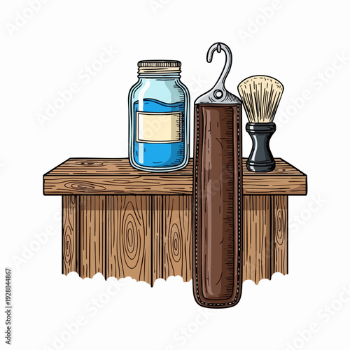 Vintage Shaving Kit On Wooden Table.