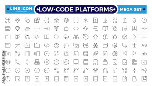 Low coding outline icons set. Simplify, Efficiency, Intuitive, Agile, Rapid, Streamline, Productivity vector symbols and line concept signs. Automate,Scalable,Flexibility Editable stroke outline icon.