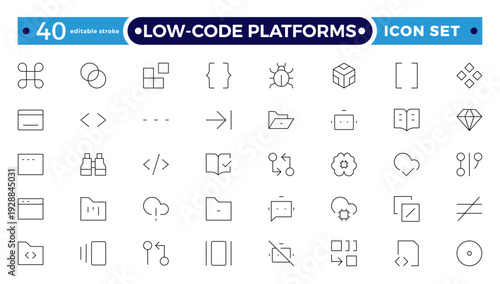 Low coding outline icons set. Simplify, Efficiency, Intuitive, Agile, Rapid, Streamline, Productivity vector symbols and line concept signs. Automate,Scalable,Flexibility Editable stroke outline icon.