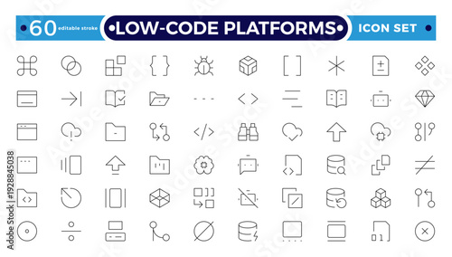 Low coding outline icons set. Simplify, Efficiency, Intuitive, Agile, Rapid, Streamline, Productivity vector symbols and line concept signs. Automate,Scalable,Flexibility Editable stroke outline icon.